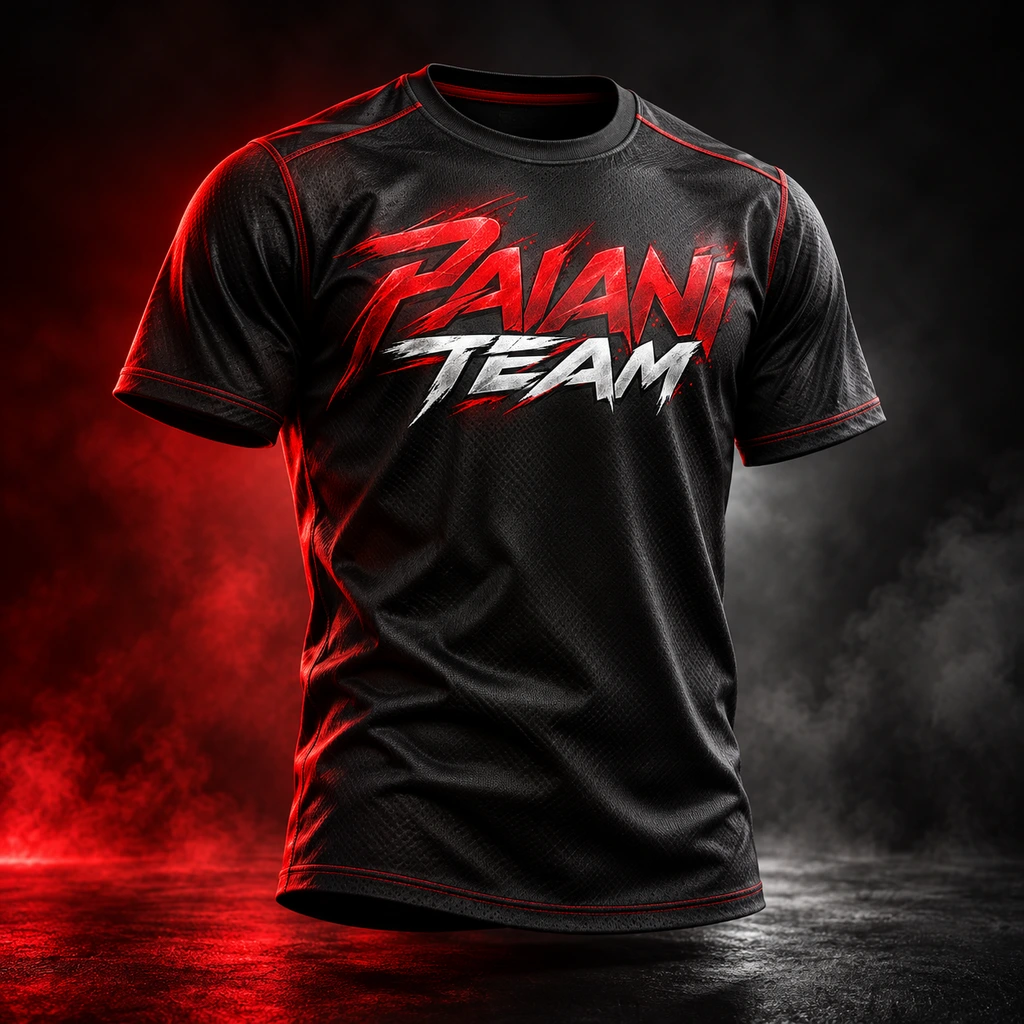Imagem ilustrativa de camiseta preta Paiani Team com logotipo vermelho e prata